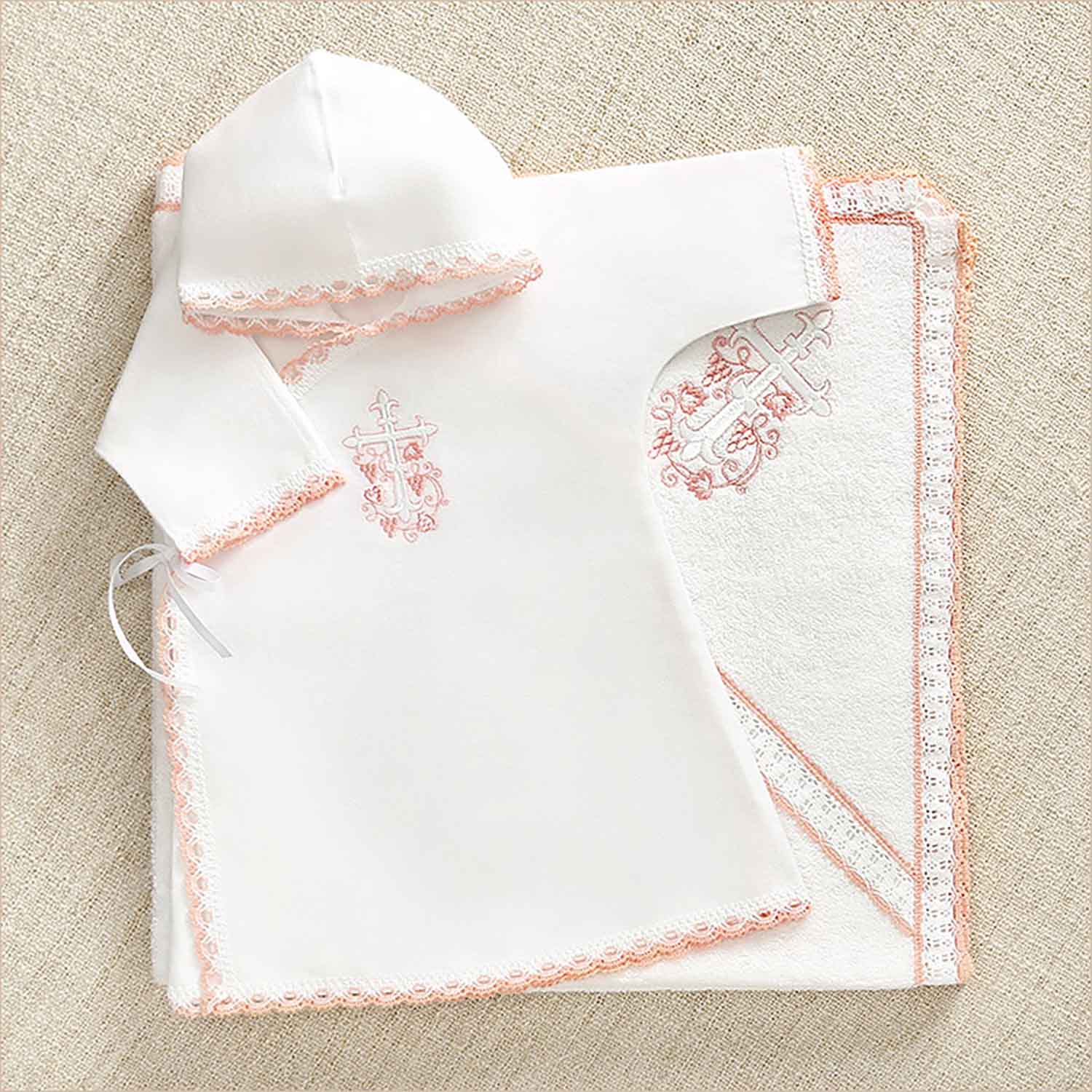 Крестильный набор для девочки «Розовый лучик» с махровой крыжмой