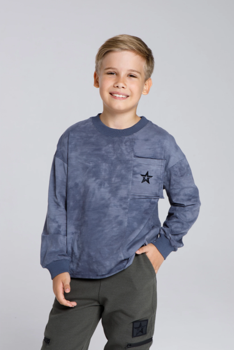 Лонгслив детский «Звезда» серый тай-дай