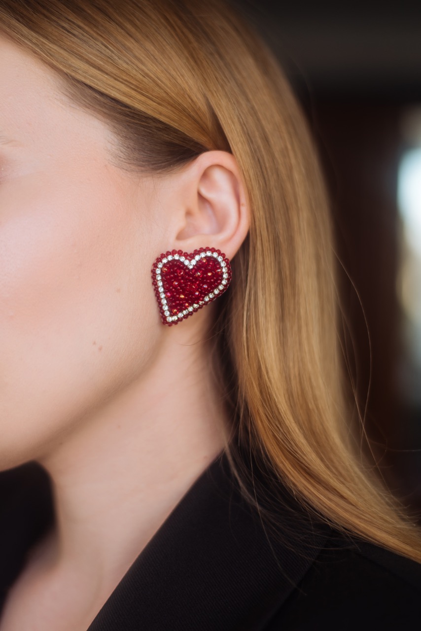 Серьги сердца красные со стразами lenadrobik_brand