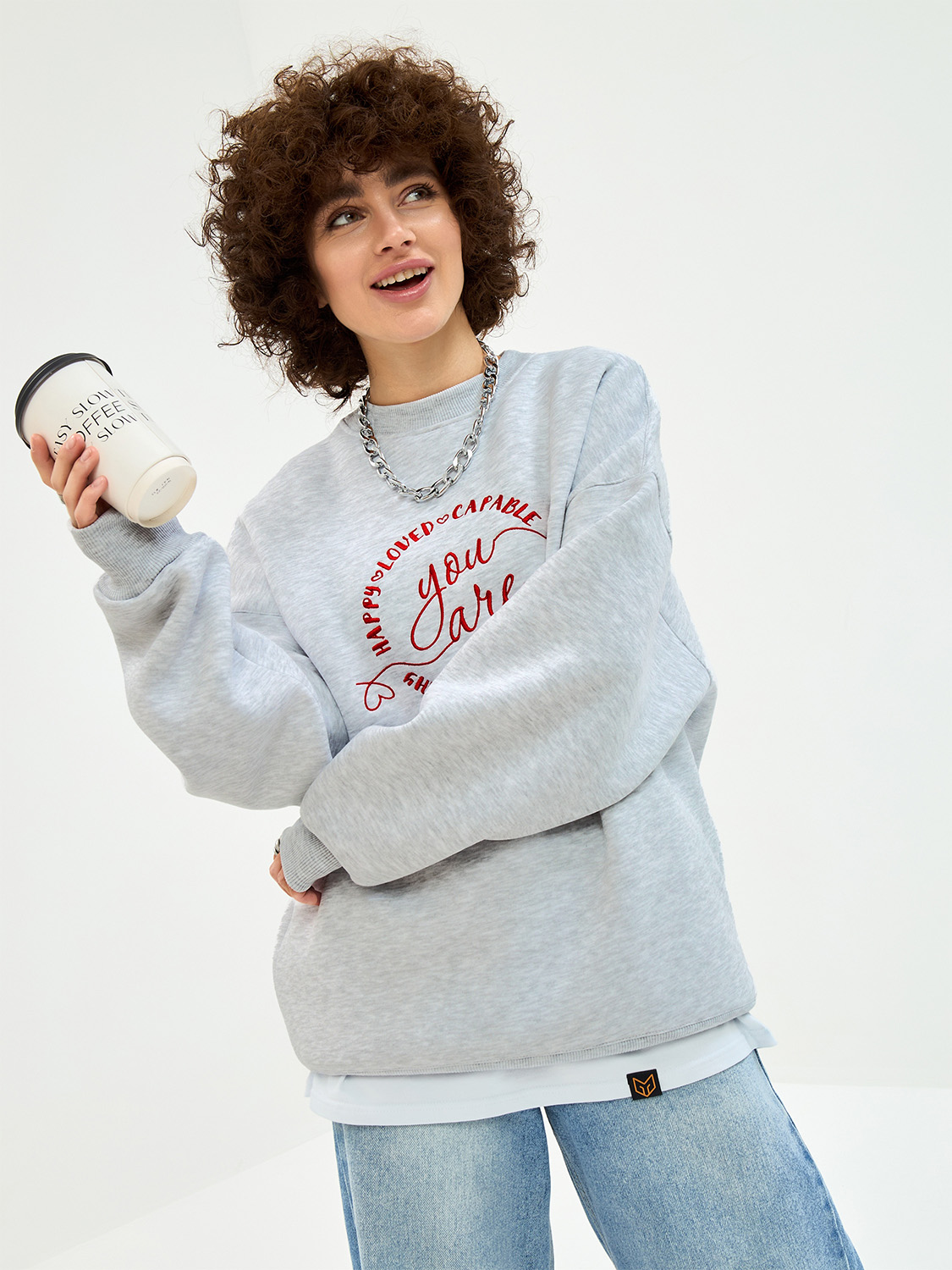 Свитшот женский с вышивкой "You", меланж/красный