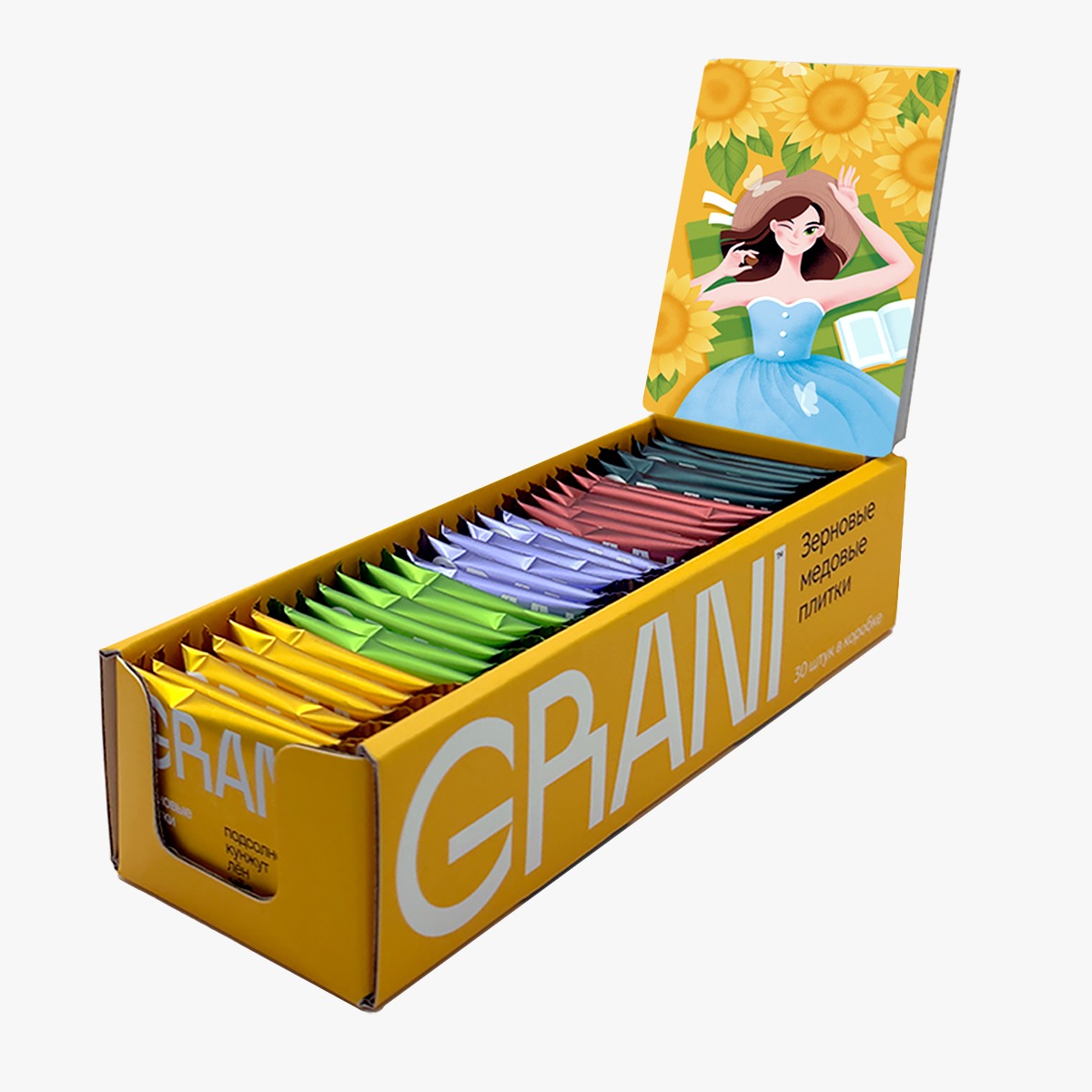 Зерновые медовые плитки ассорти GRANI 30 шт в шоубоксе