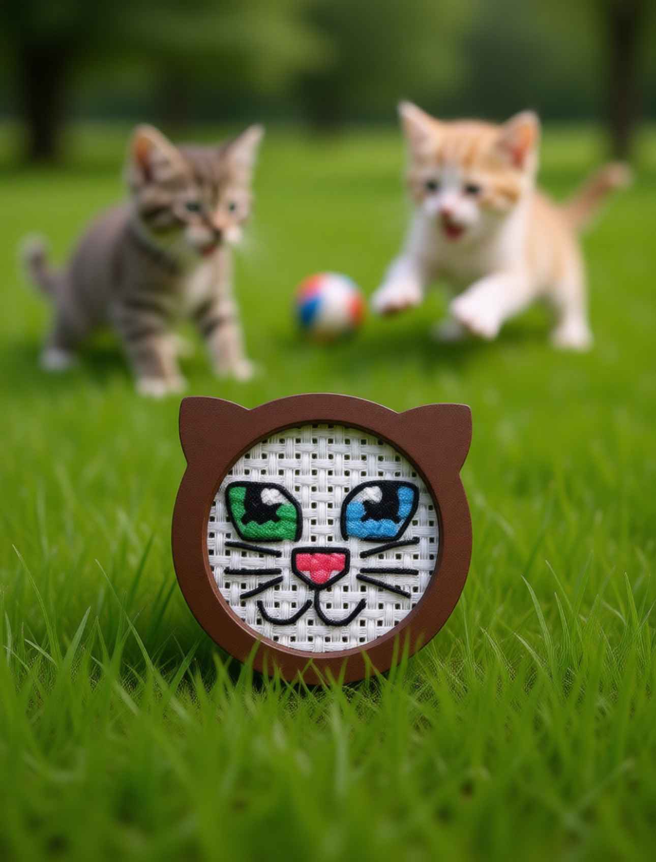 Брошь "Котик" вышивка крестиком ручная работа
