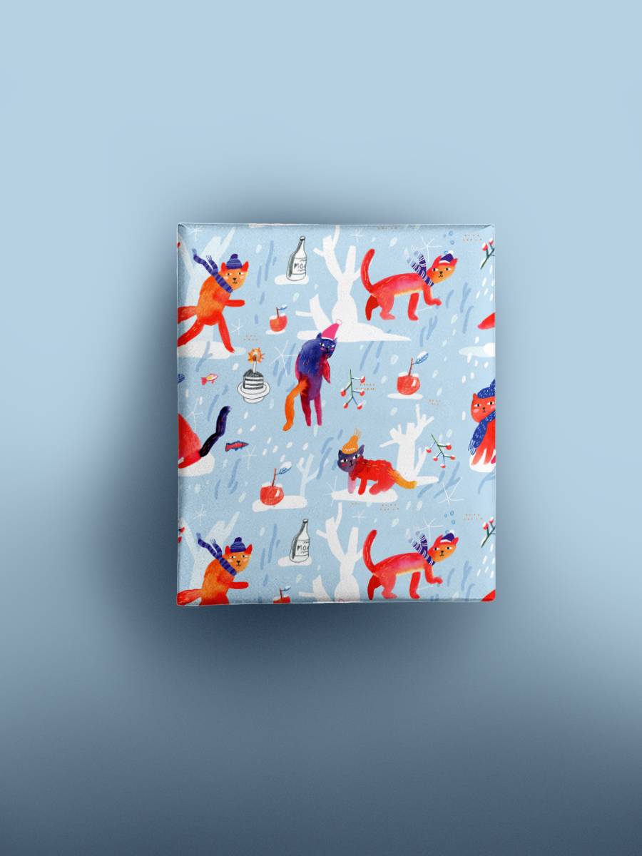 Упаковочная бумага, 2 листа, 100х70см, КОТЫ В ШАПКАХ
