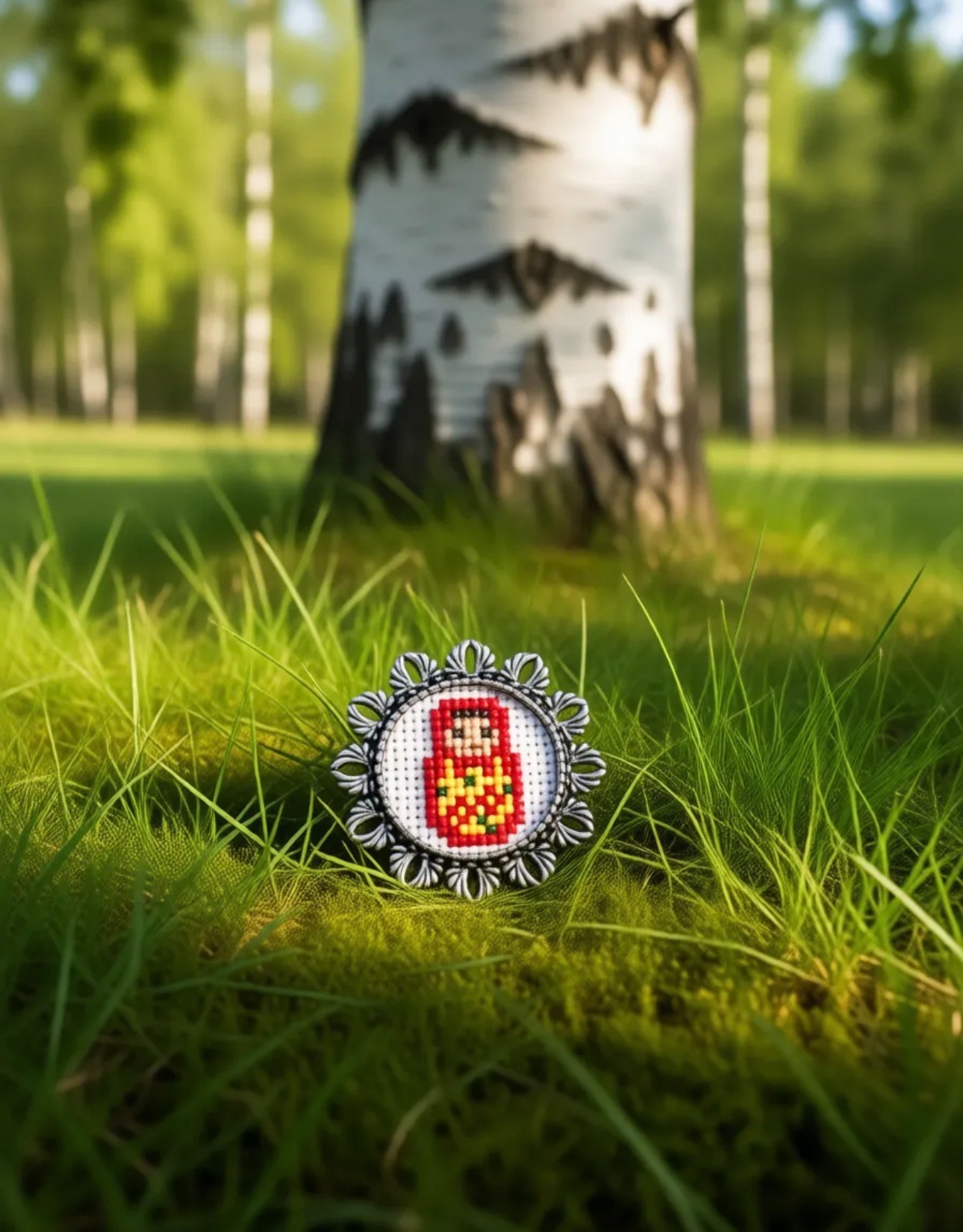 Брошь "Матрёшка" ручная вышивка крестиком