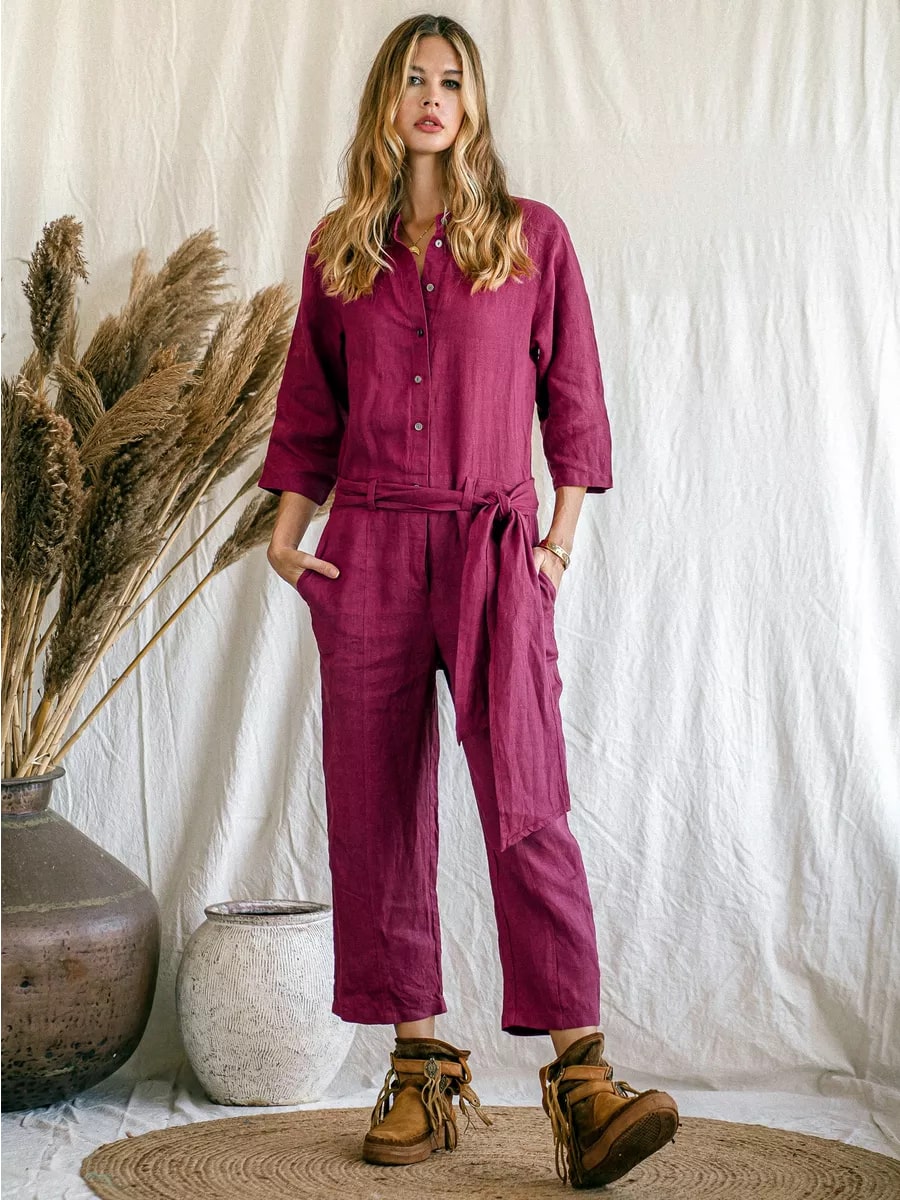 Женский льняной комбинезон с брюками