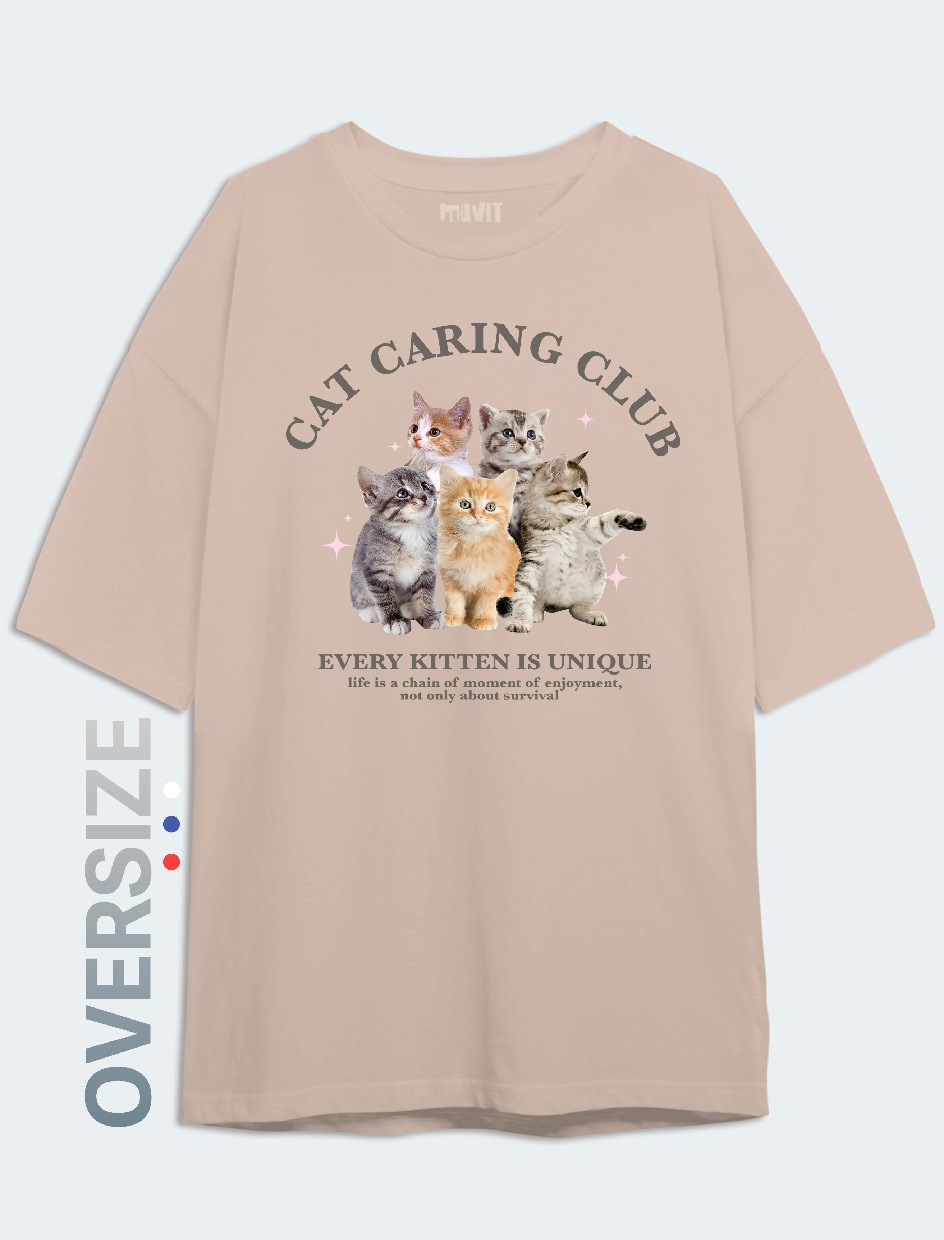 Бежевая футболка оверсайз Cat Club с принтом котят