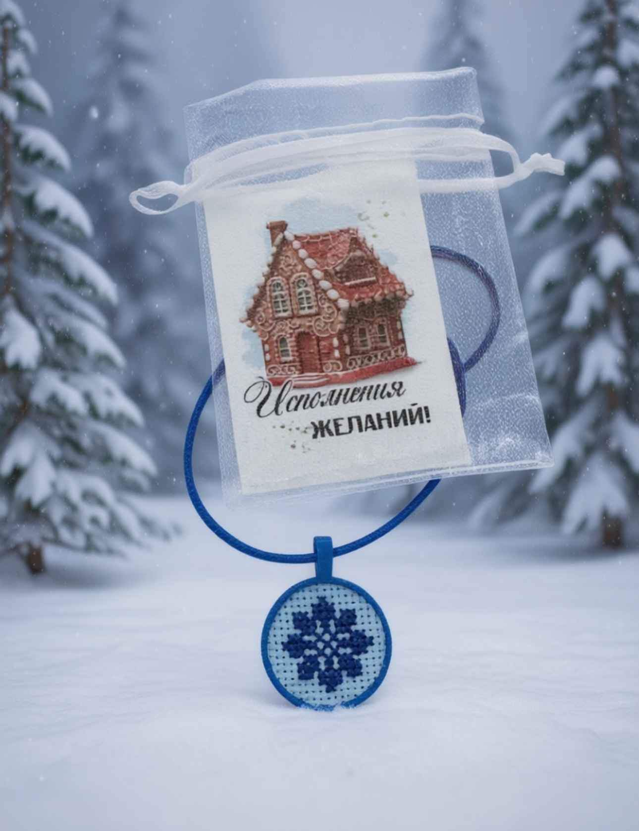 Кулон "Снежинка", вышивка крестиком ручная работа
